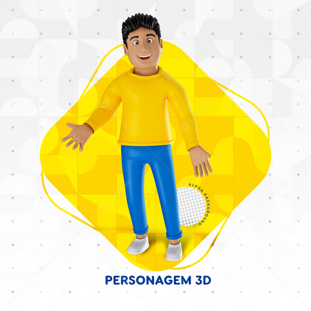 Personagem 3D Homem Moreno Com Camiseta Amarela Em Fundo Azul PSD