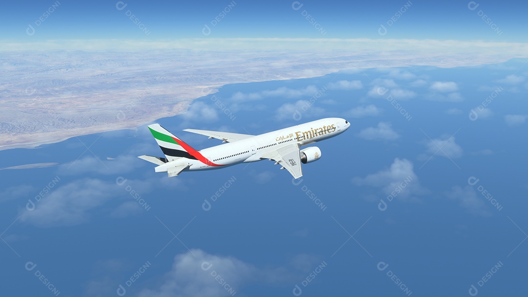 Boeing 777 Emirates voando sobre o céu azul Nova York, EUA