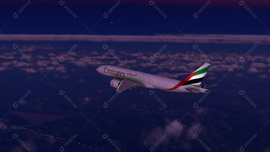 Boeing 777 Emirates voando sobre o céu azul Nova York, EUA