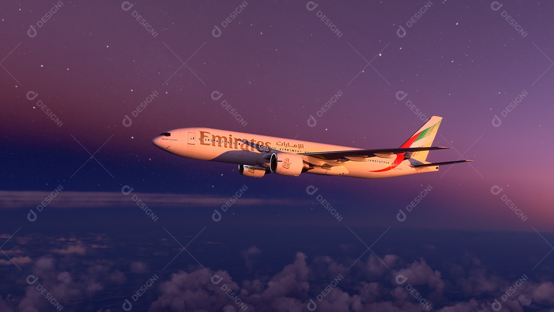 Boeing 777 Emirates voando sobre o pôr do sol incrível Nova York, EUA