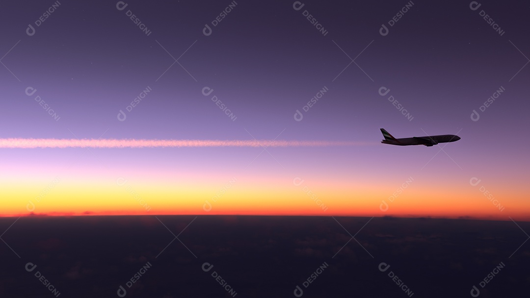 Boeing 777 Emirates voando sobre o pôr do sol incrível Nova York, EUA