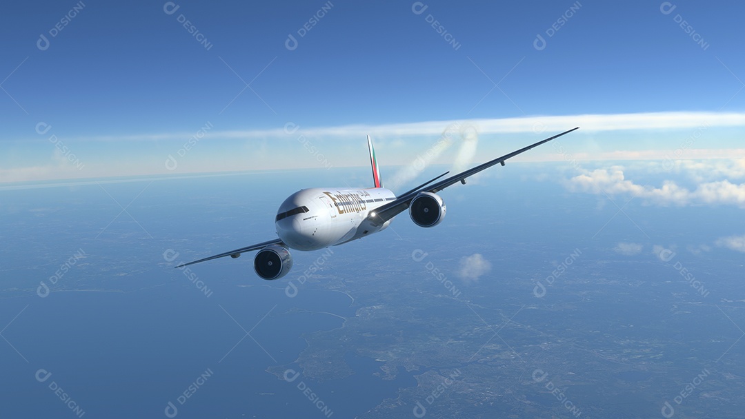 Boeing 777 Emirates voando sobre o céu azul Nova York, EUA