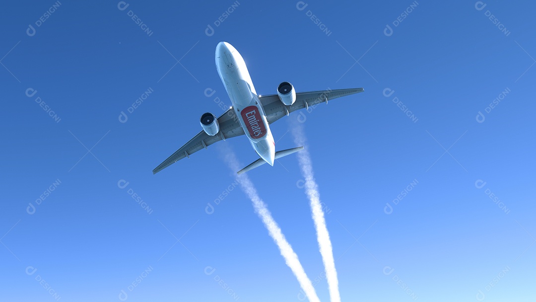 Boeing 777 Emirates voando sobre o céu azul Nova York, EUA