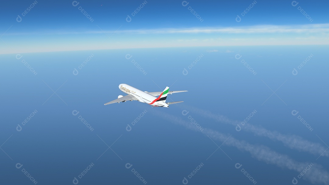 Boeing 777 Emirates voando sobre o céu azul Nova York, EUA