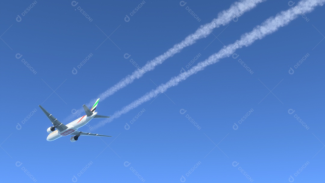 Boeing 777 Emirates voando sobre o céu azul Nova York, EUA