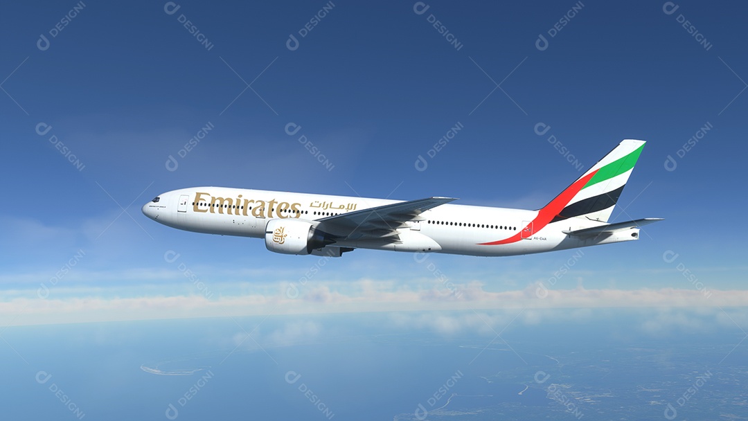 Boeing 777 Emirates voando sobre o céu azul Nova York, EUA