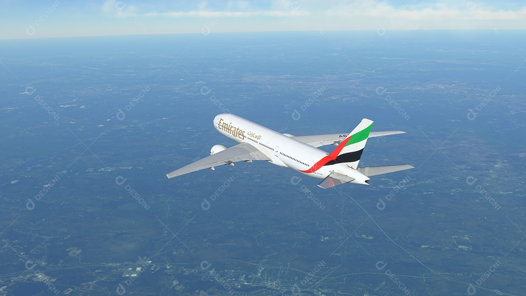 Boeing 777 Emirates voando sobre o céu azul Nova York, EUA