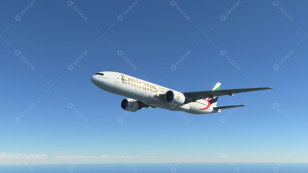 Boeing 777 Emirates voando sobre o céu azul Nova York, EUA