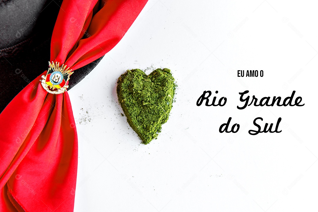 Coração de erva-mate em fundo branco e lenço gaúcho vermelho.