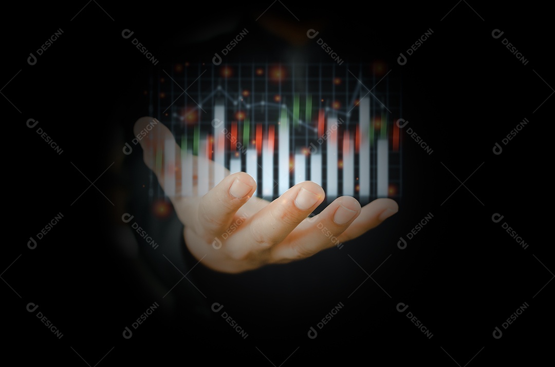 Finanças de negócios e gráfico de mercado de ações de investimento e crescimento. Empresário mostrando um crescente estoque de holograma virtual