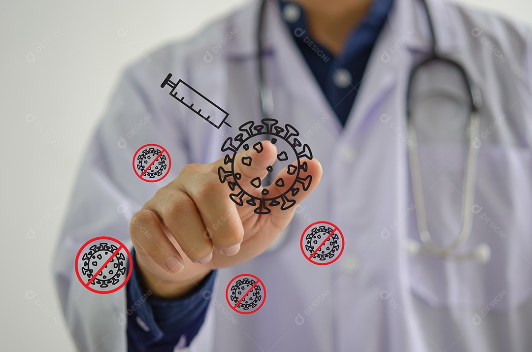 Mão do médico tocando a tela virtual, ícone injetar vírus. Conceito de negócios