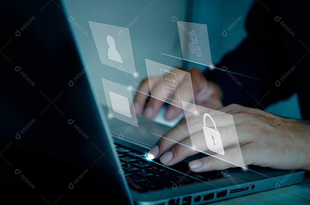 Empresário usando o conceito de gerenciamento de documentos de computador portátil trabalhando com ícones em uma tela virtual.