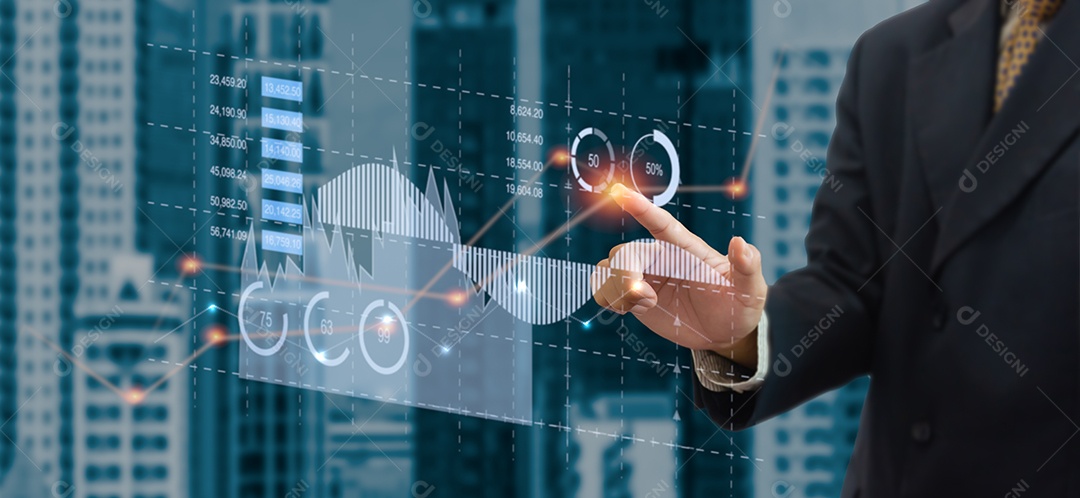 Gráfico e gráfico de negócios. Empresário tocando holograma virtual. conceito de tecnologia de negócios