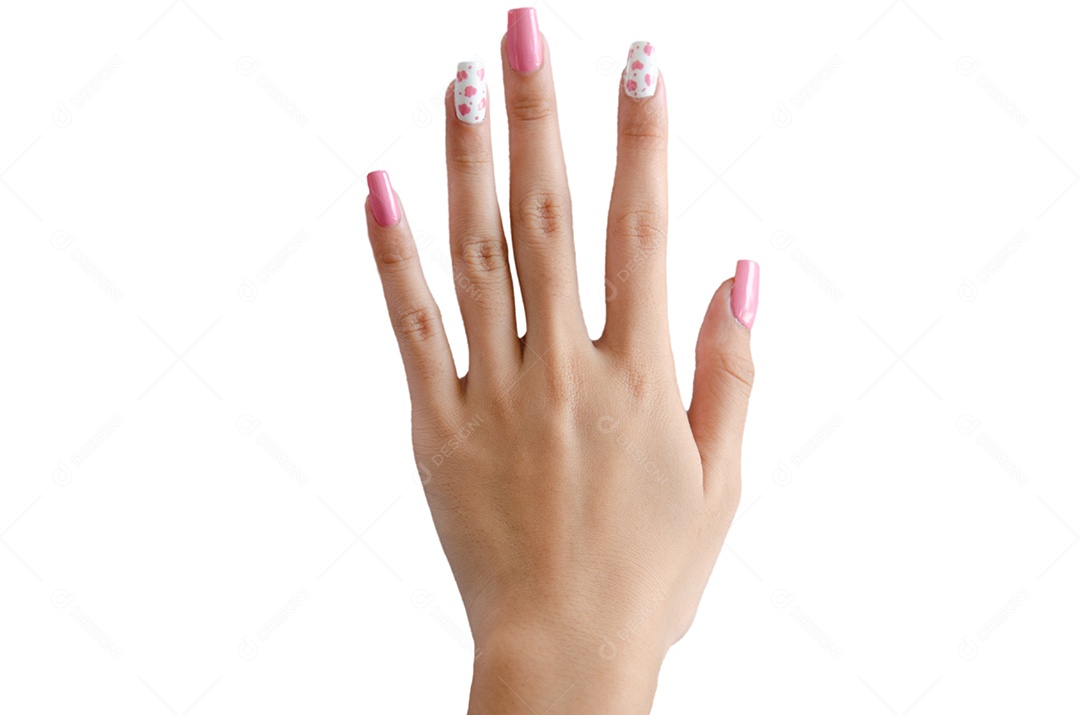 feminino pintado à mão lindas unhas cor de rosa no fundo branco