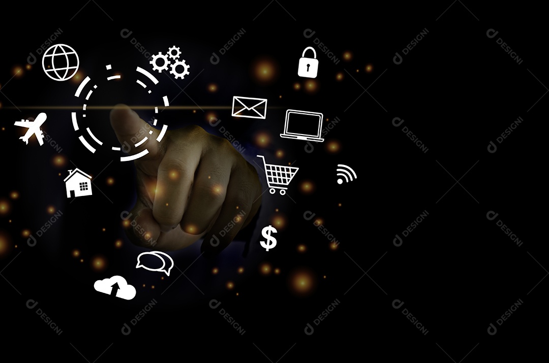 Empresário tocando ícone de negócios digitais, conexão de rede social on-line de marketing e compras na interface virtual moderna.