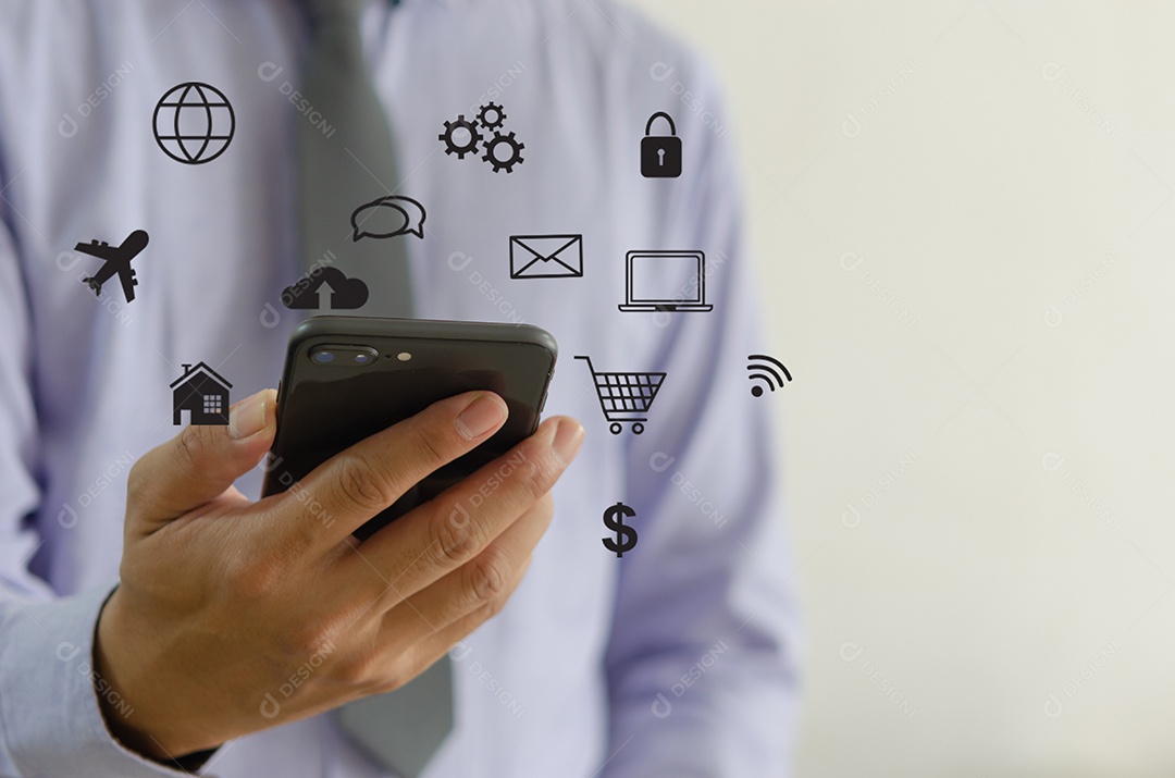 Hand holding smartphone with icons concept. Hand use smartphone online shopping Social media network concept.