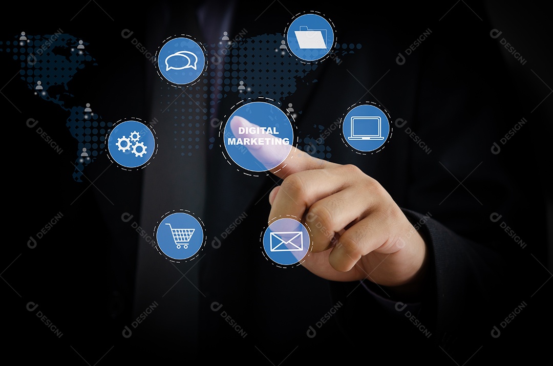 Mão tocando negócios de ícone de conceito de marketing de tela virtual digital.