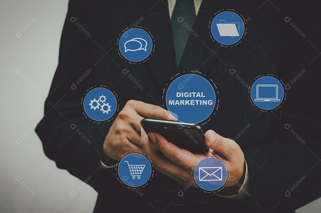 Hand touching smartphone digital virtual screen marketing concept