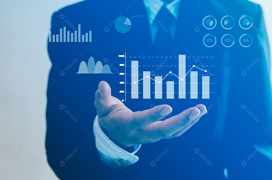 Gráfico de ícone de mão de homem de dados enormes de tecnologia de tela virtual de negócios