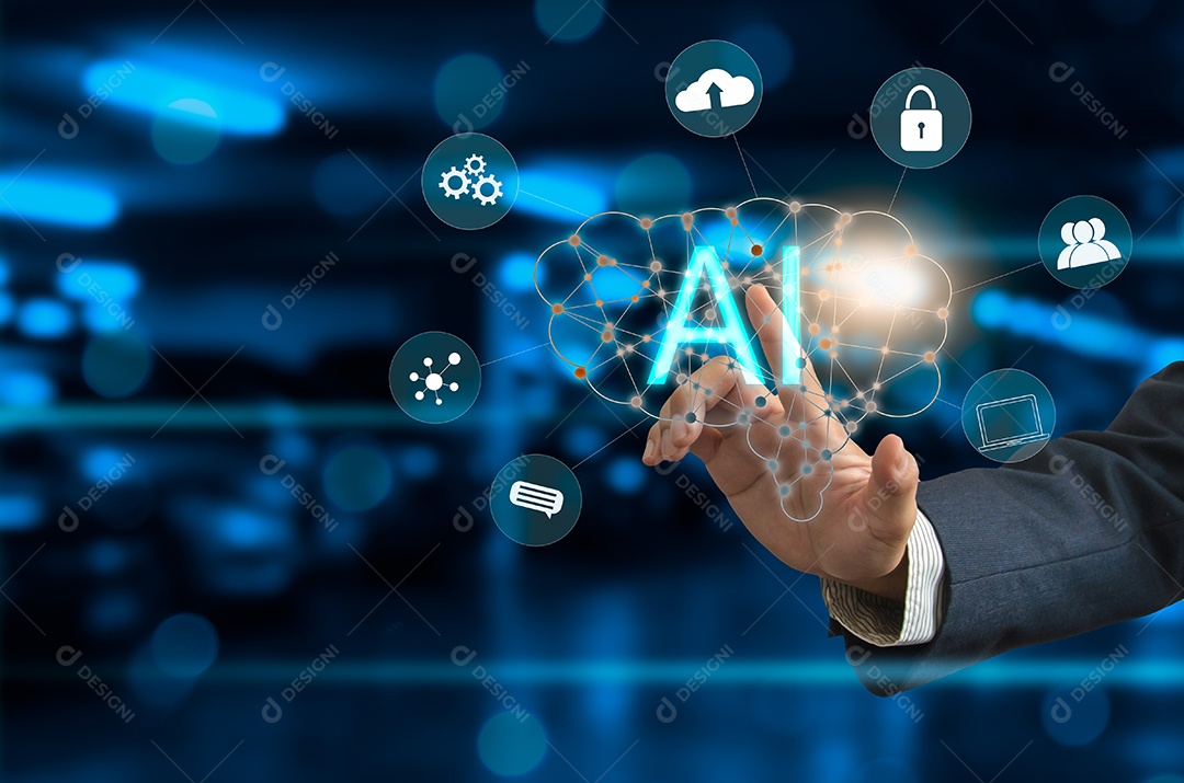 Mão de empresário tocando o ícone do cérebro virtual. IA O uso de sistemas operacionais para ajudar a verificar pesquisas com sistemas de computadores modernos.