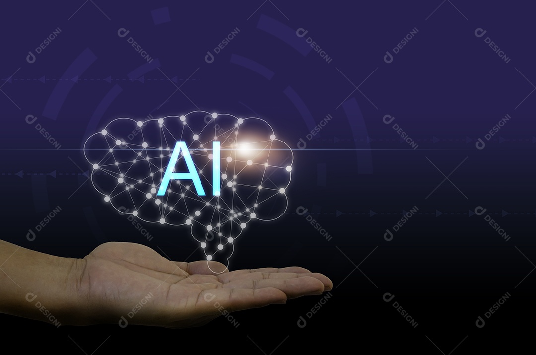 Interface de tecnologia visual. IA Inteligência artificial e ícone do cérebro analítico de processo por lado empresário.