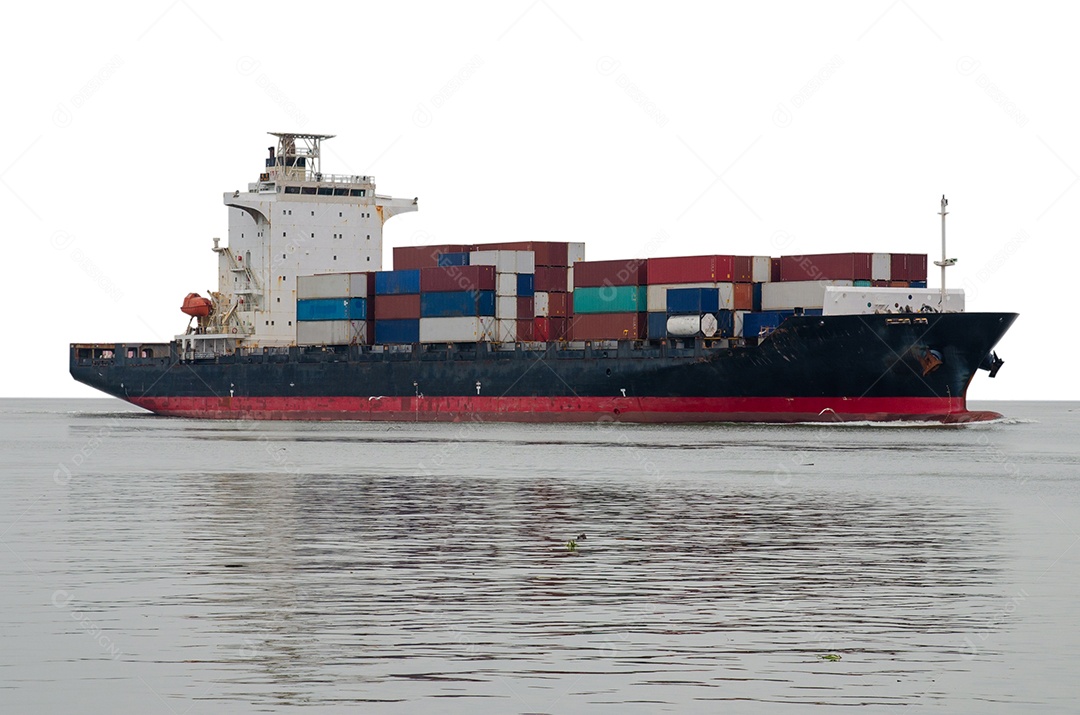 Navio de carga contentor no oceano isolado no fundo branco, transporte de mercadorias