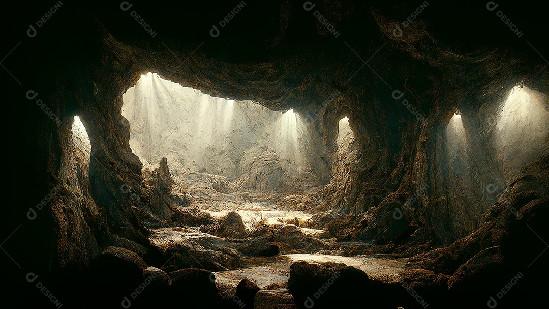 Luz dramática na paisagem escura da caverna, misteriosa e surreal