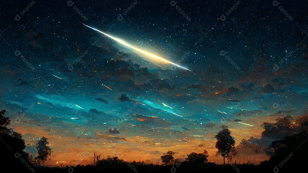 A estrela do meteoro arrasta na fantasia do fundo do céu noturno, arte digital