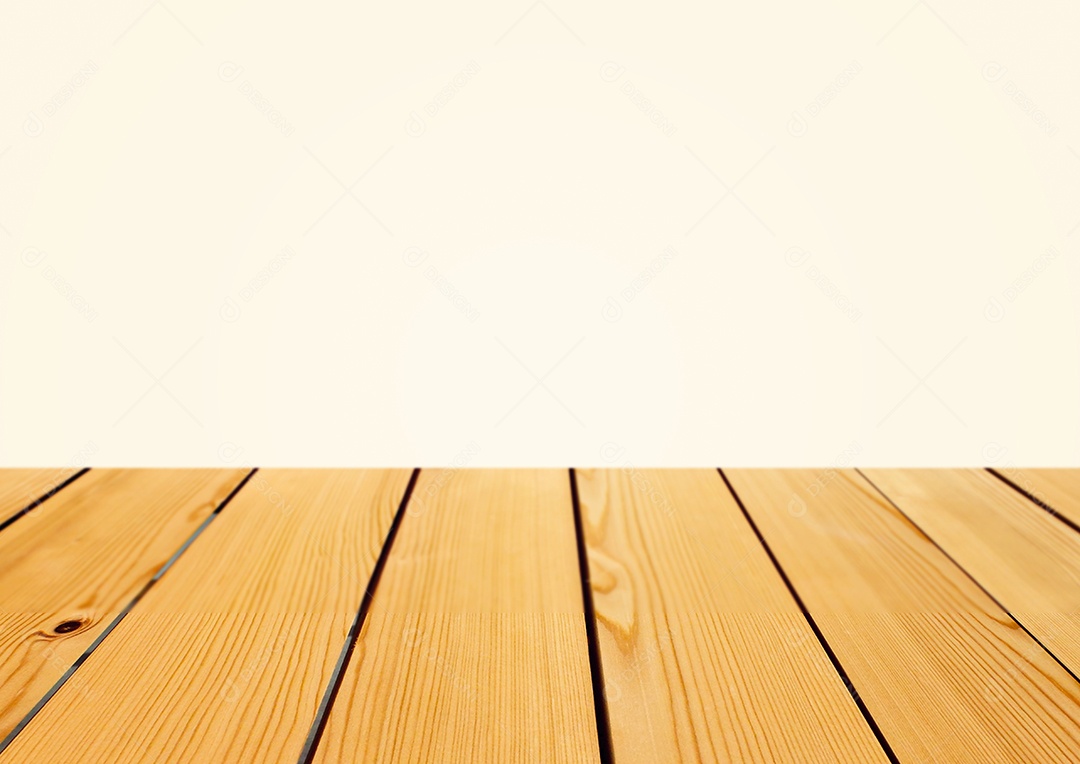 Mesa de madeira vazia para colocação de produtos com fundo branco