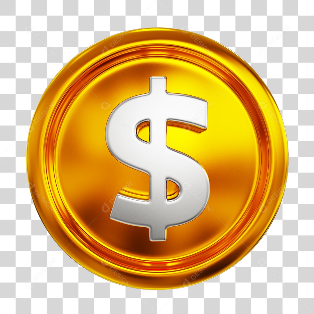Moeda Dourada Cifrão Elemento 3D PNG Transparente