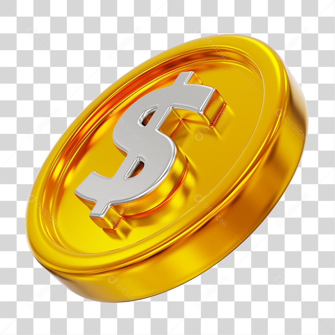 Moeda Dourada Cifrão Elemento 3D PNG Transparente