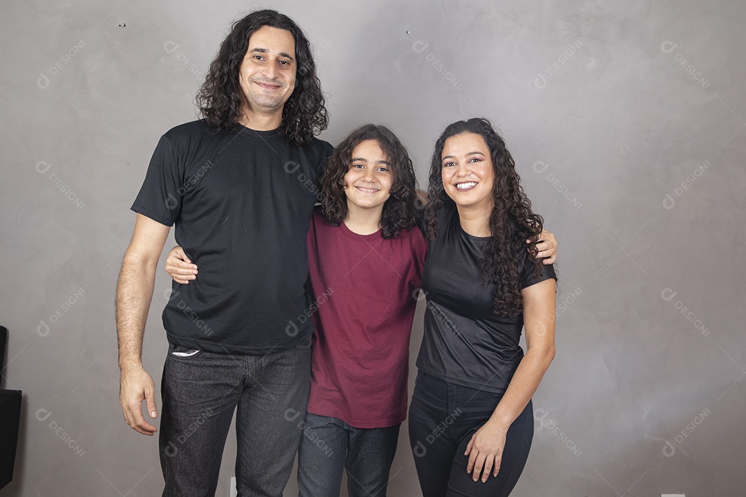 Family together on gray background father mother son