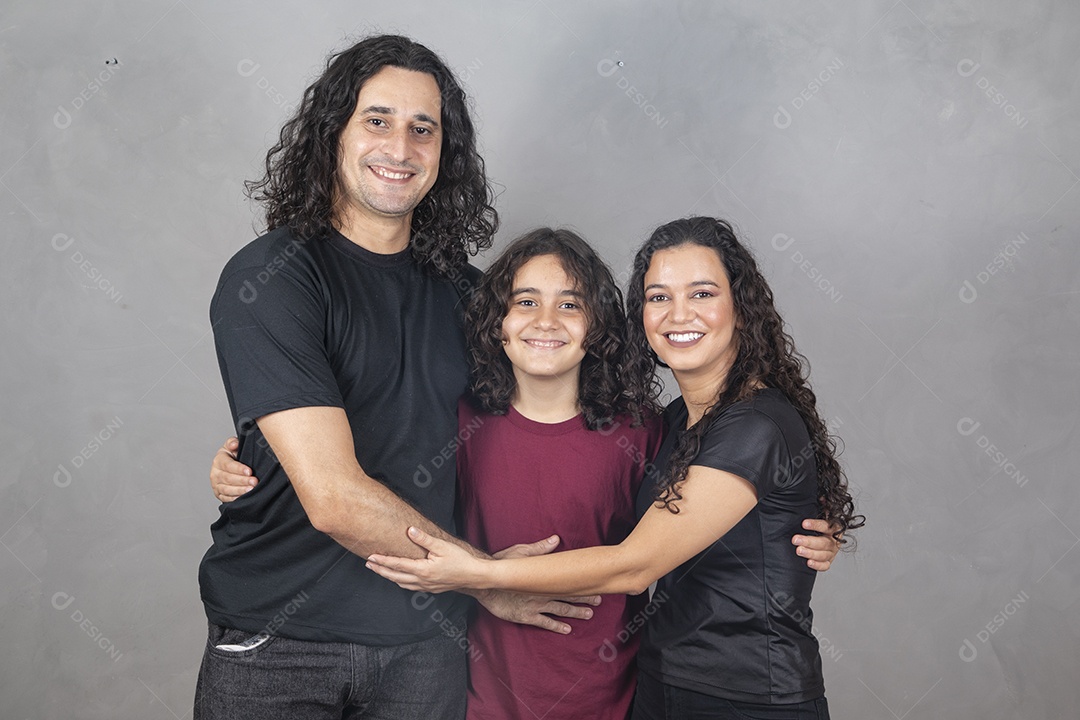 Family together on gray background father mother son