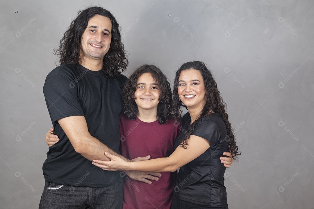 Family together on gray background father mother son