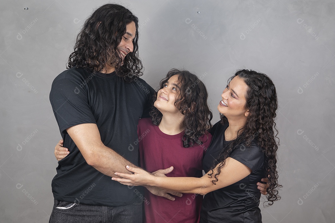 Family together on gray background father mother son