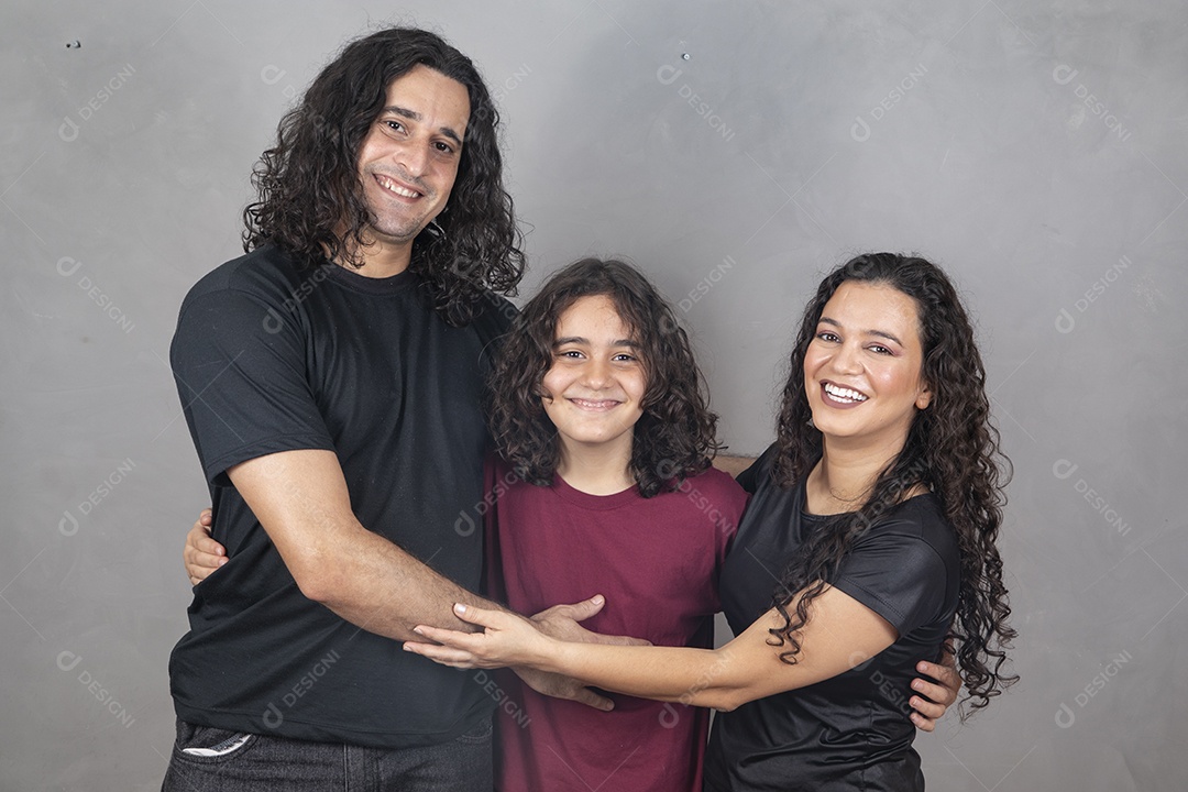 Family together on gray background father mother son