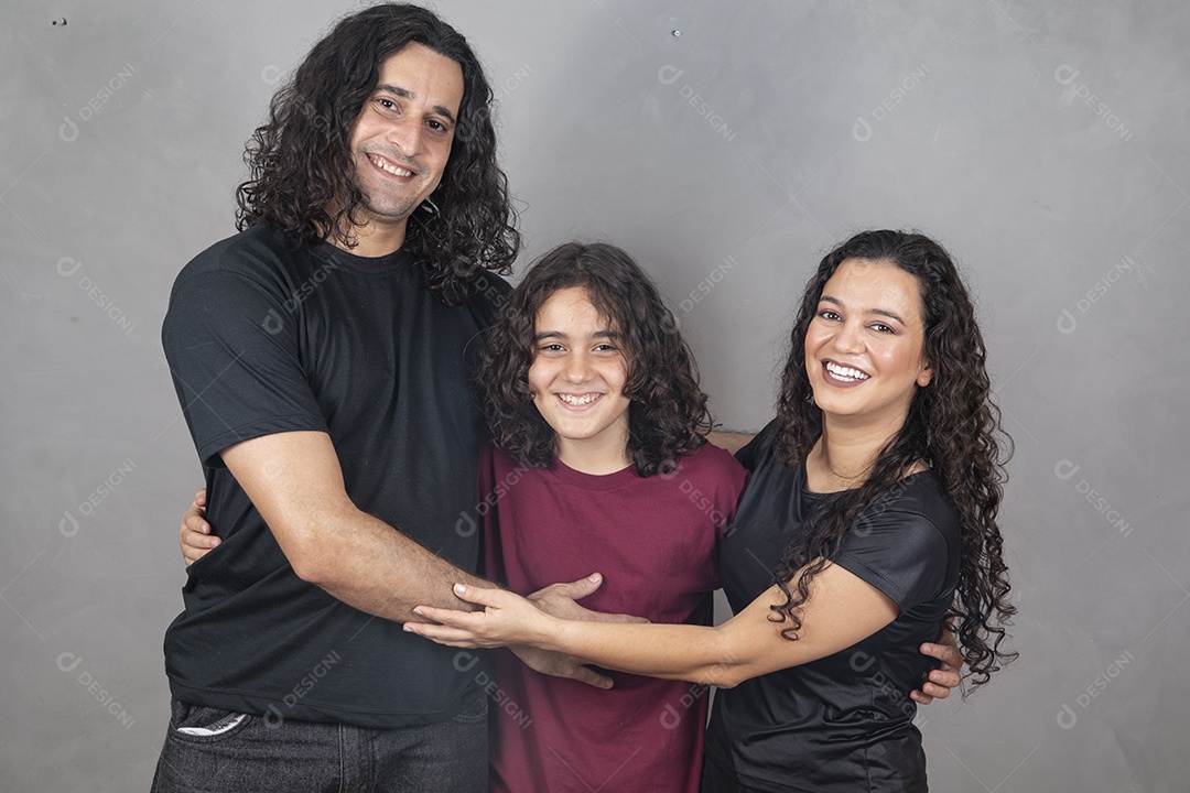 Family together on gray background father mother son