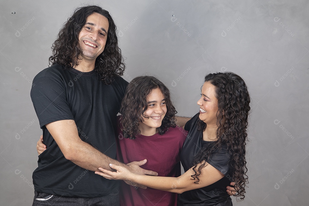 Family together on gray background father mother son