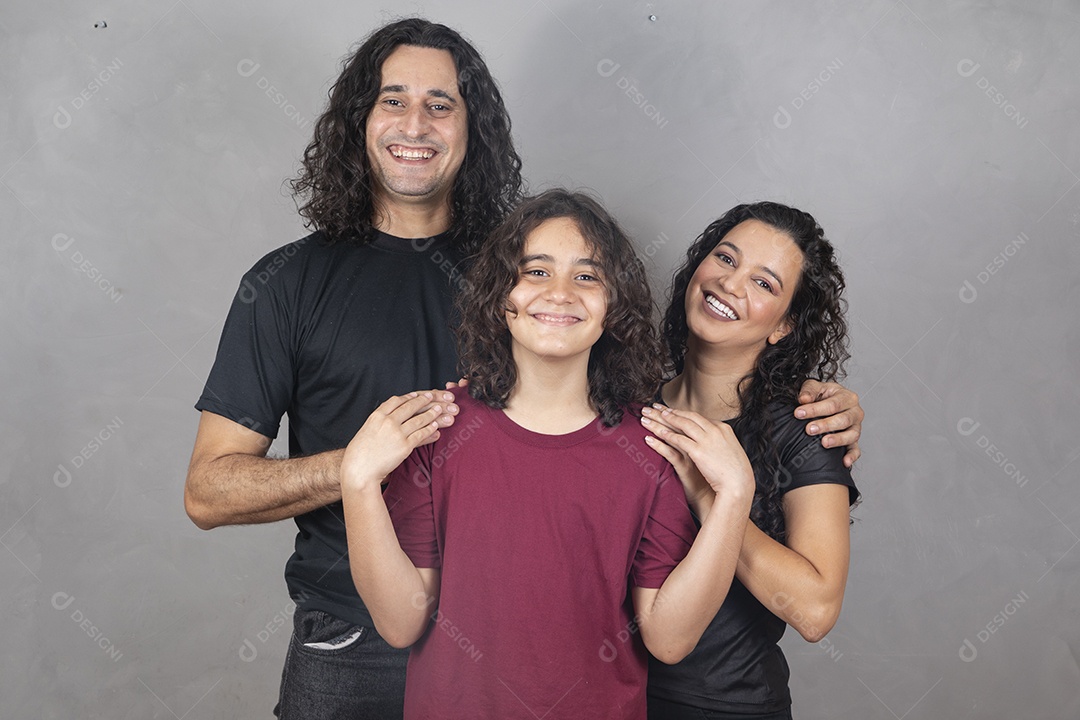 Family together on gray background father mother son