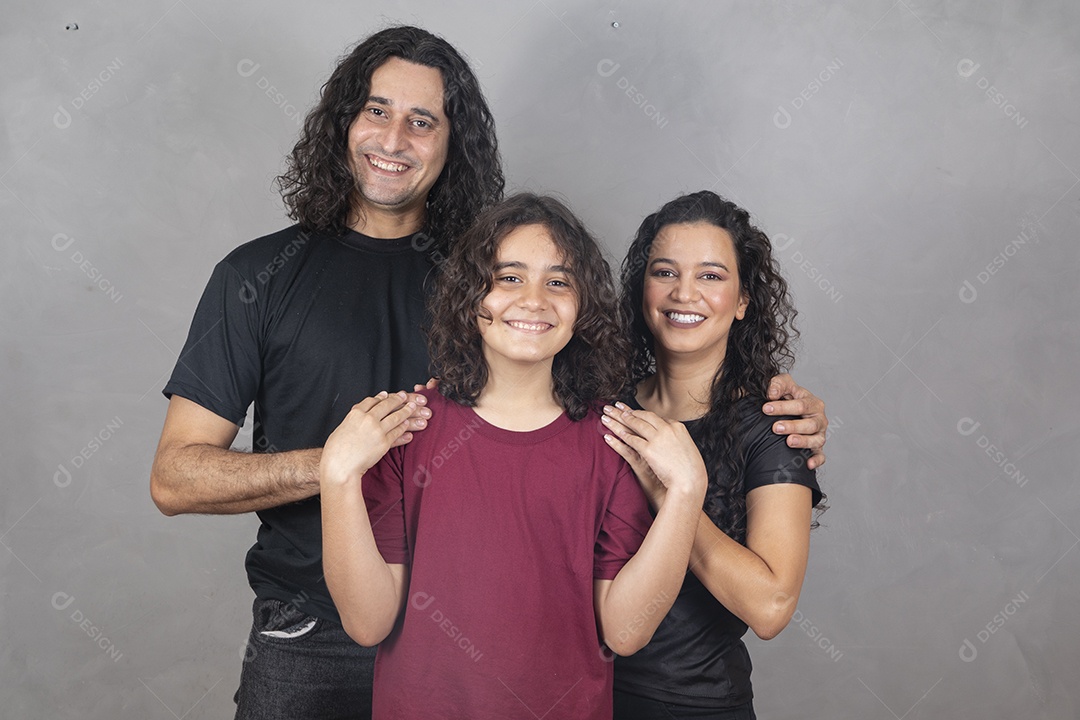 Family together on gray background father mother son