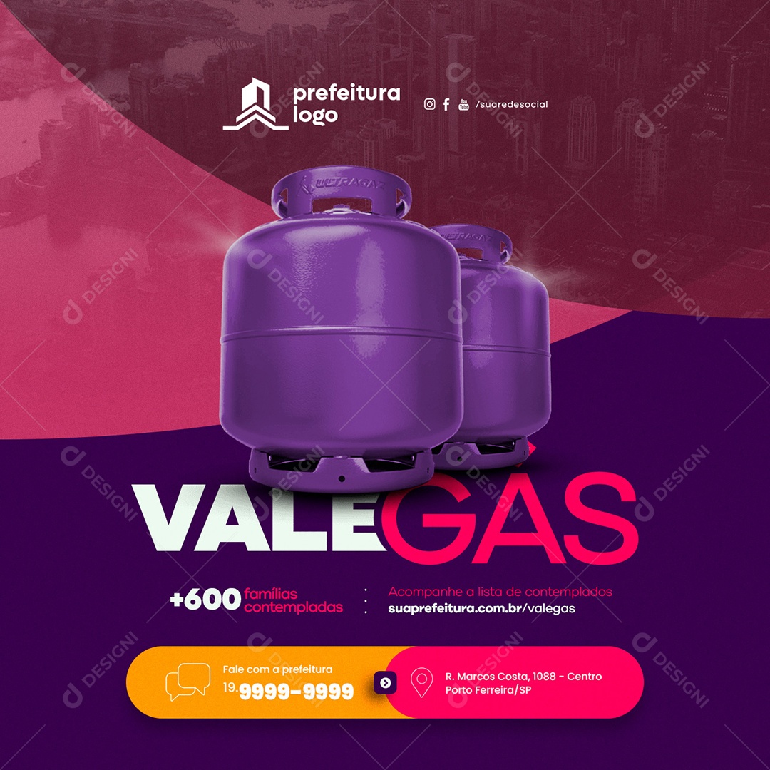 Vale Gás mais 600 Famílias contempladas Prefeitura Social Media PSD Editável