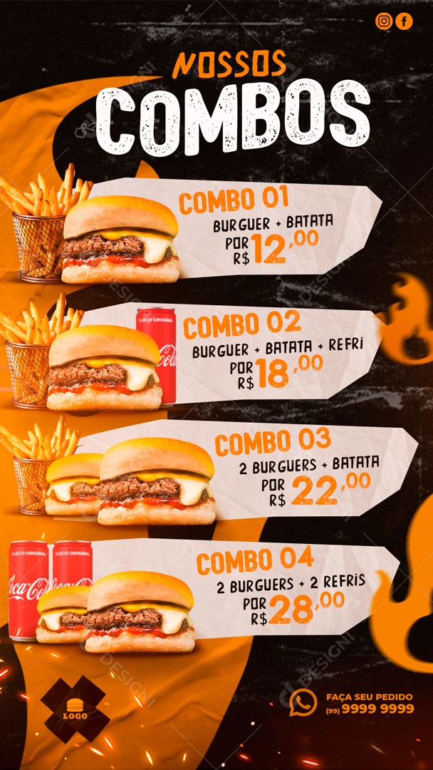 Encarte Hamburgueres Nossos Combos Social Media PSD Editável