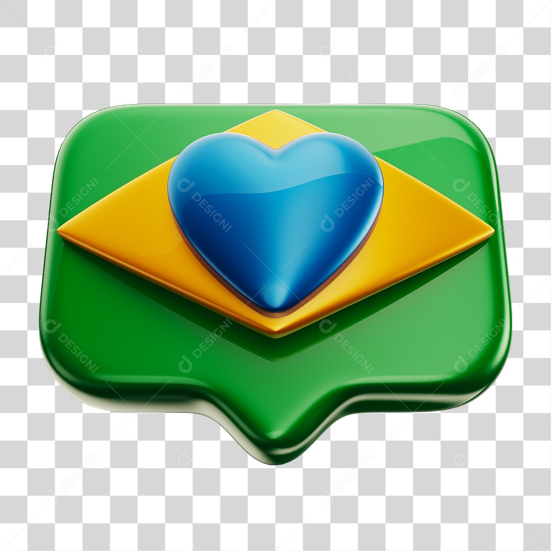 Emoji Amei Coração 3D Cores da Bandeira do Brasil Verde e Amarelo PNG Transparente