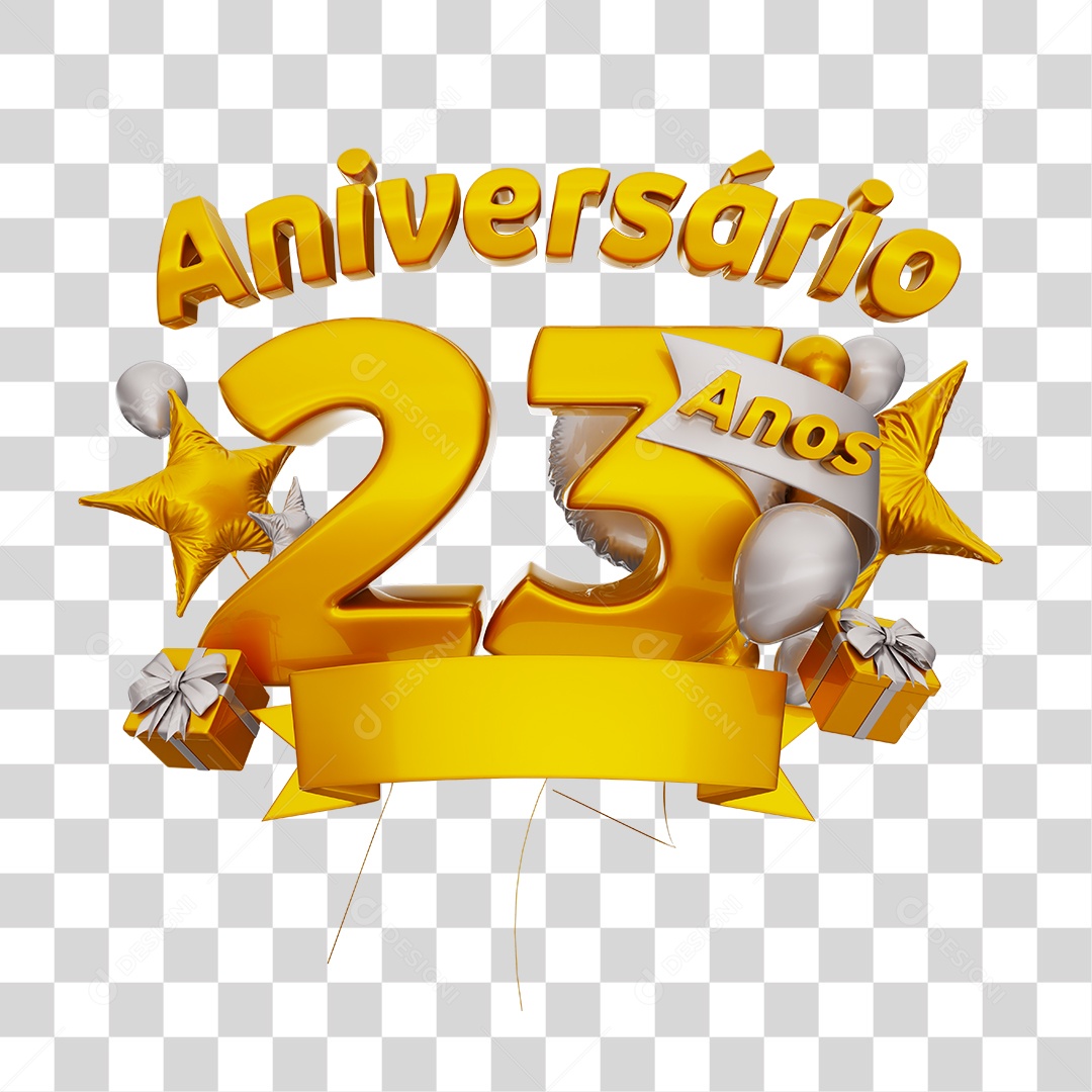 Aniversário 23 Anos Selo 3D Dourado com Fita Branca para Composição PSD