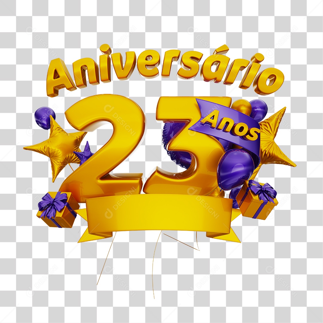 Aniversário 23 Anos Selo 3D Dourado com Fita Roxa para Composição PSD