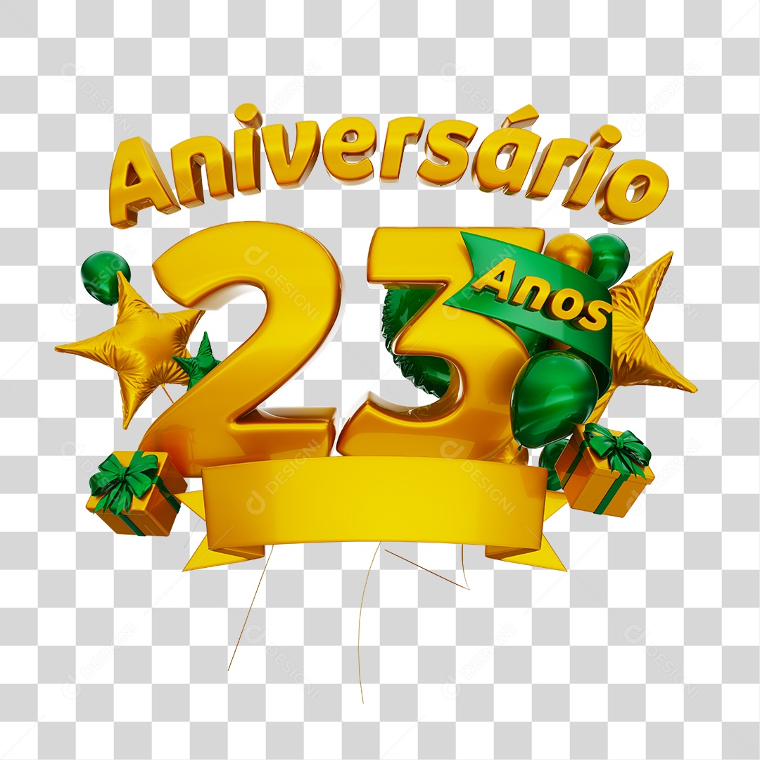 Aniversário 23 Anos Selo 3D Dourado com Fita Verde para Composição PSD