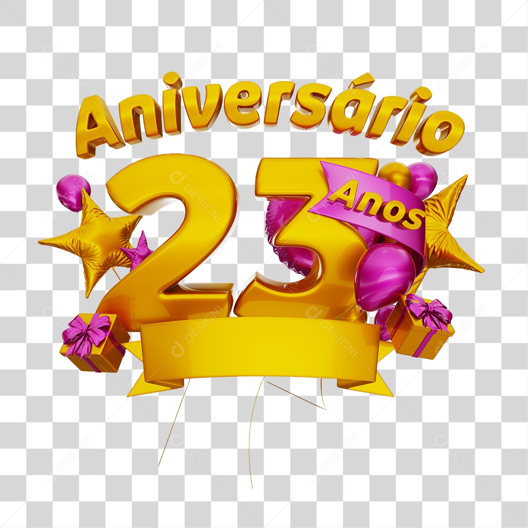 Anniversary 23 Years 3D Gold Stamp with Pink Ribbon and Balloons for Composition PSD