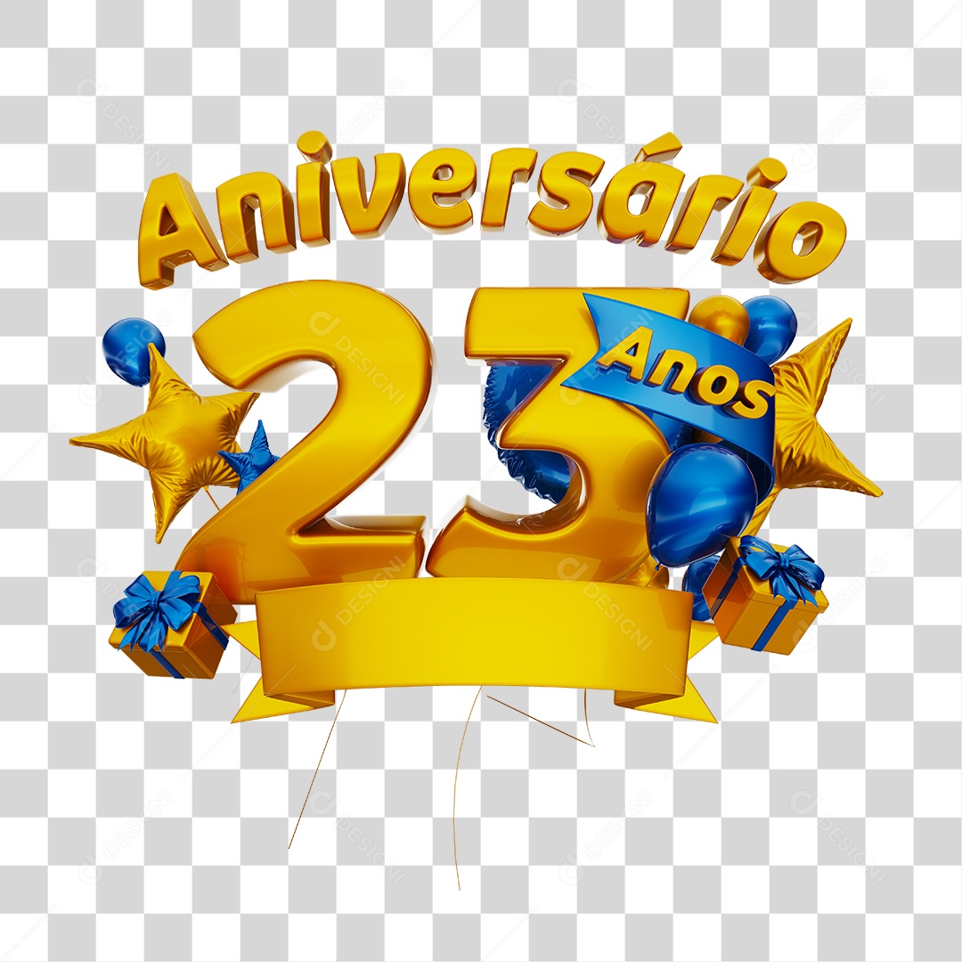 Aniversário 23 Anos Selo 3D Dourado com Fita e Balões Azul para Composição PSD