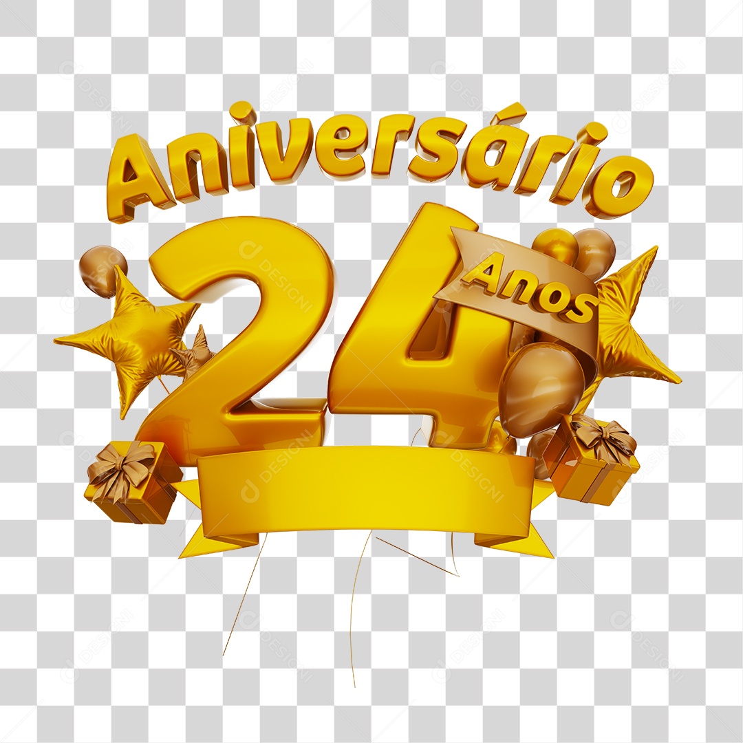 Aniversário 24 Anos Selo 3D Dourado com Fita e Balões para Composição PSD