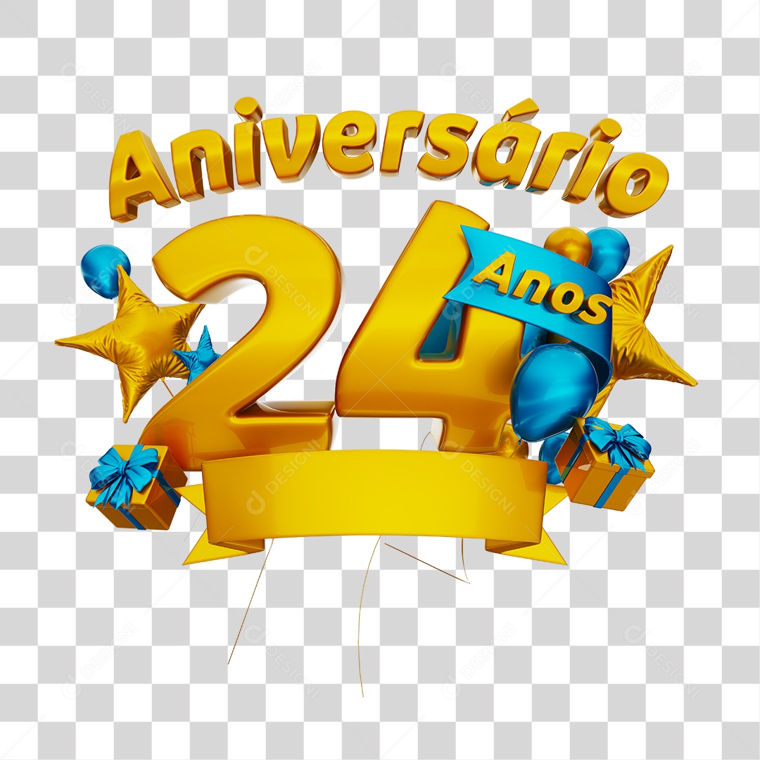 Aniversário 24 Anos Selo 3D Dourado com Fita e Balões Azul para Composição PSD